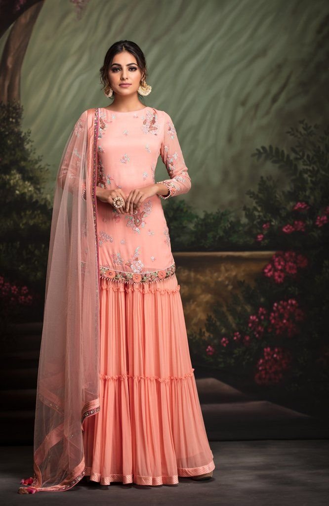 Chic Peach Floral Kurta With Sharara