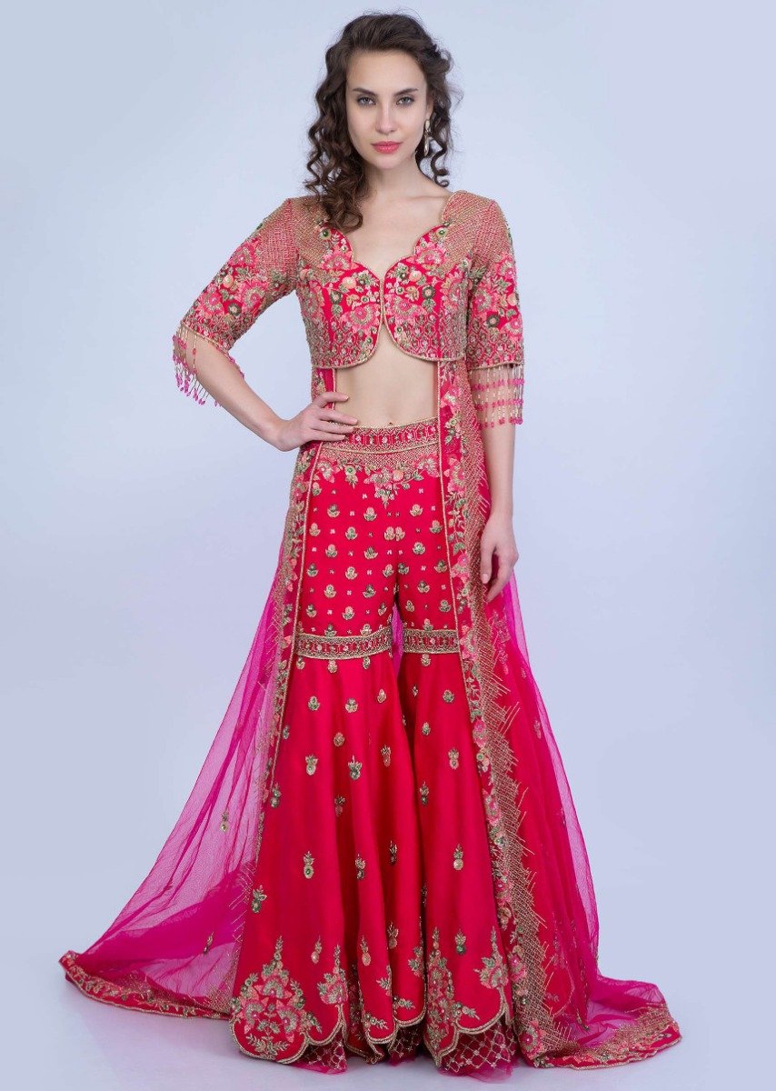 Stylish Floral Embroidered Sharara Set Along with Pink Jacket