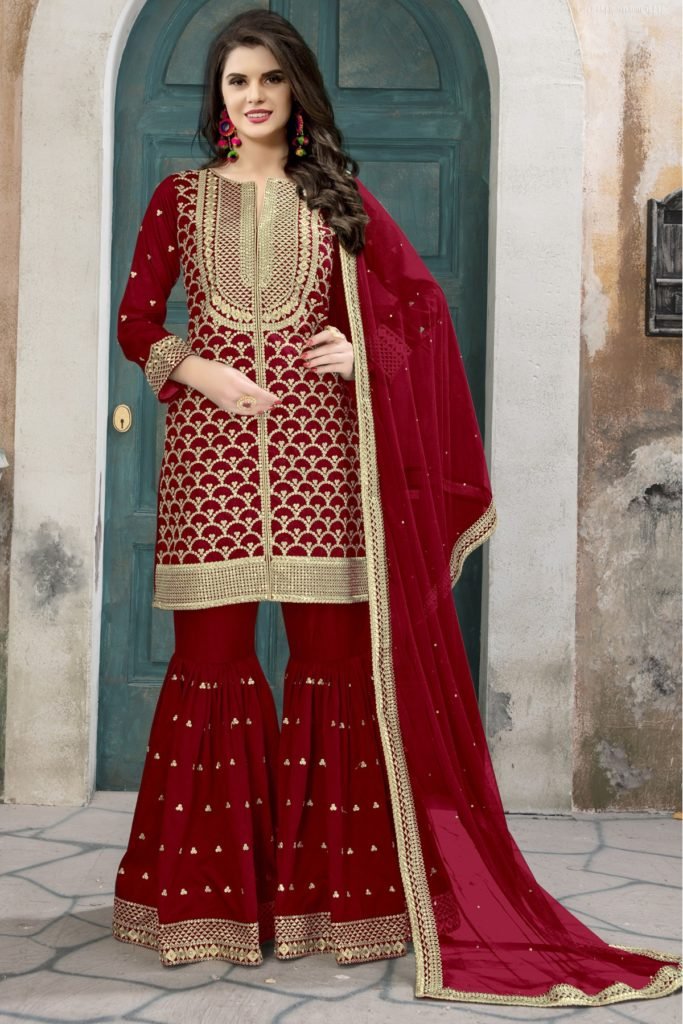 Stylish-Red-Silk-Sharara-Suit 