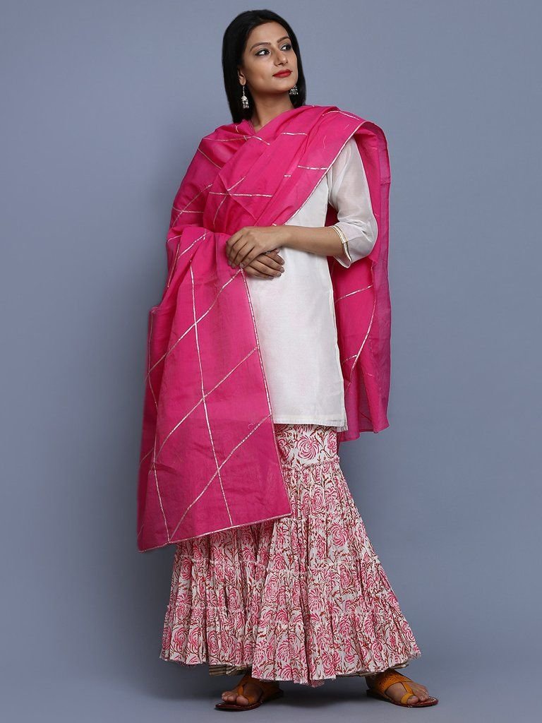 White & Pink Mulmul Chanderi Sharara Suit