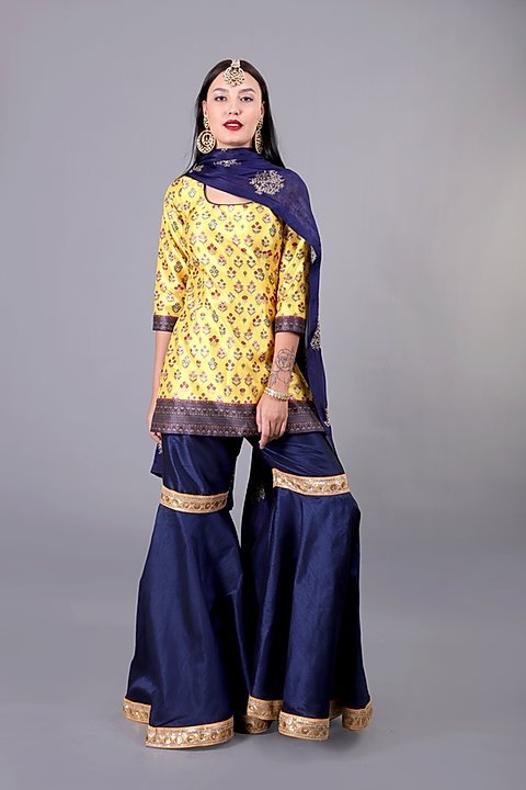 Yellow And also Navy Printed Sharara Set