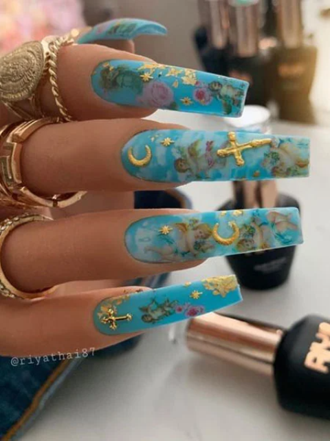 Blue-Acrylic-Nails-with-Stickers