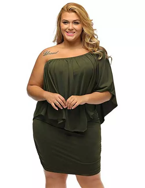 Olive-Green-Off-Shoulder-Ruffle-Dress