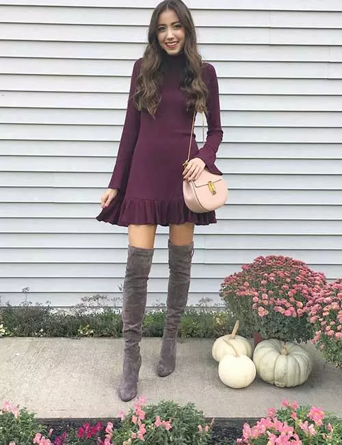 Burgundy-Short-Dress-And-OTK-Boots-For-Outdoor-Fall-Wedding