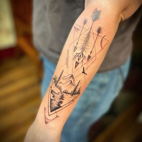 Mountain-lake-tattoo-with-arrows