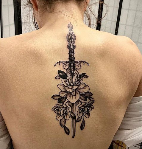 Sword-Back-Tattoo-With-Florals