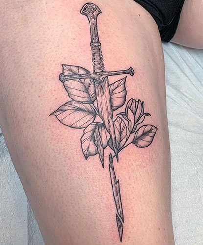 Sword-Tattoo-With-Leaves-and-Flowers