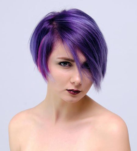 Purple Hair In Swoop Bangs Hairstyle